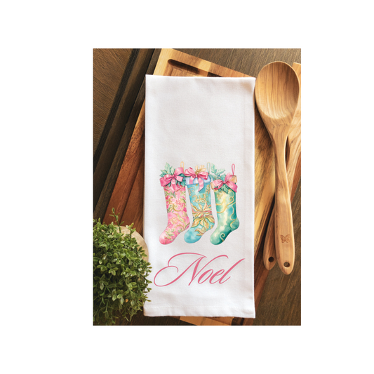 Preppy Watercolor Noel Christmas Stockings Tea Towel