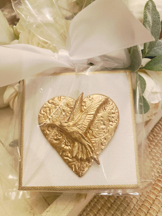 Hand Brushed Gold Leaf Hummingbird Heart Canvas