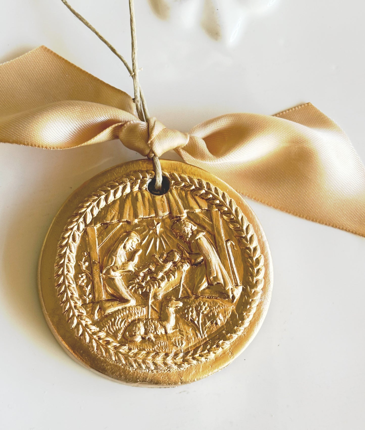 Hand Brushed Gold Leaf Nativity Christmas Ornament