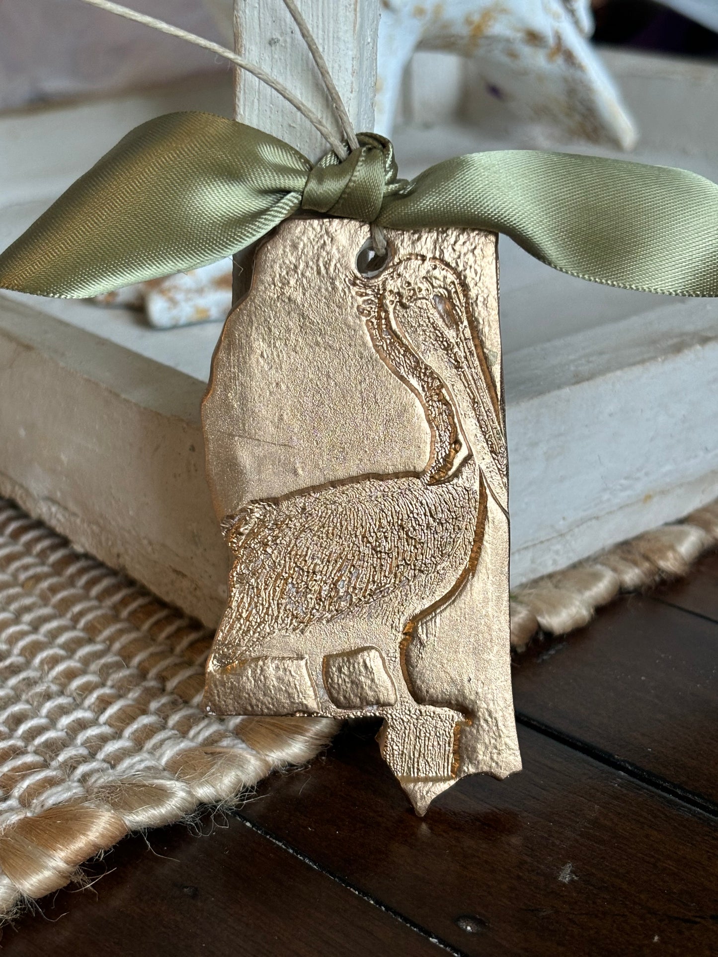 Hand brushed Gold Leaf Pelican Christmas Ornament